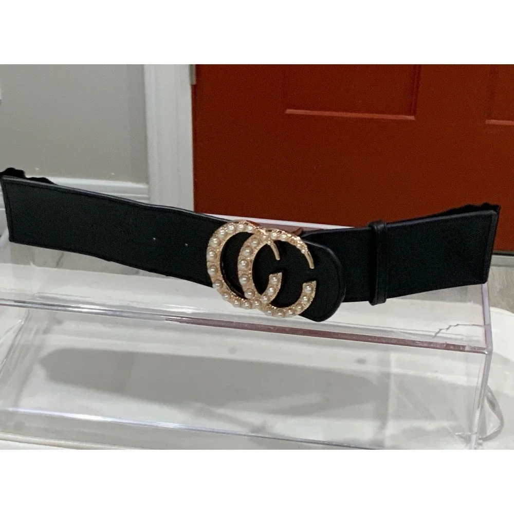 Women Black Elastic‎ Wide Waist Belt Gold Pearl Interlocking C Buckle Statement